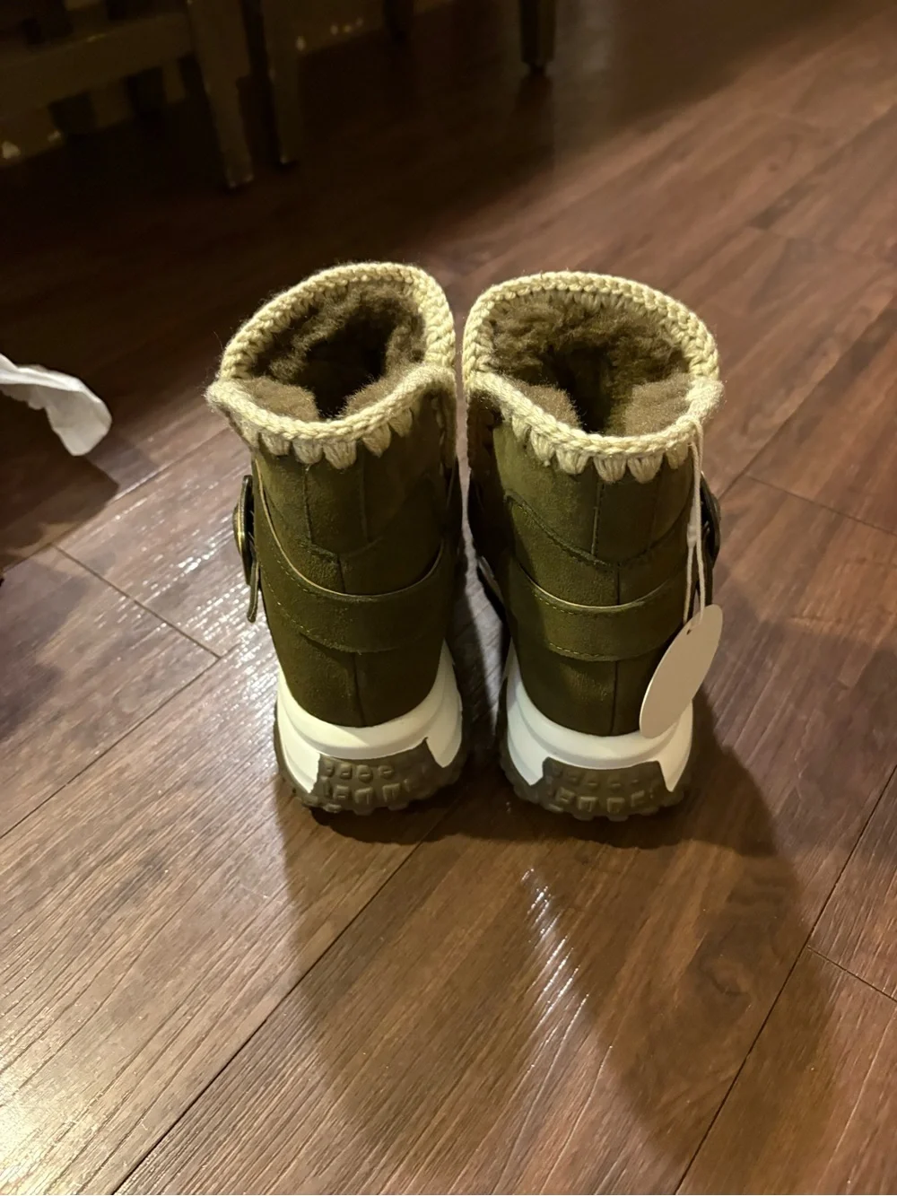 Kids Olive Green Faux-Shearling Winter Boots